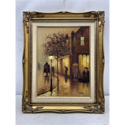 Barry Hilton (British 1941-): A Gaslit Street, oil on canvas signed 40cm x 29cm