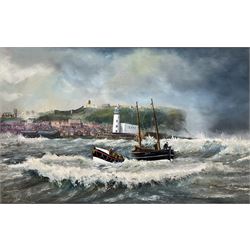 Robert Sheader (British 20th century): Leaving Scarborough Harbour under Stormy Skies, oil on board signed 37cm x 60cm