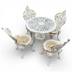 Victorian cast iron white painted garden chairs and table with aluminium top