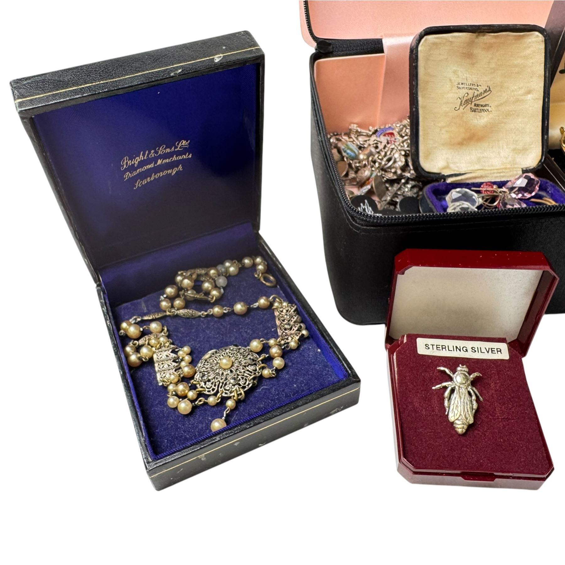 9ct gold jewellery, including bracelet, brooch and stud earring, silver jewellery including Mackintosh brooch and earrings, fob pendant and charm bracelet