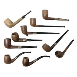 Collection of eight silver mounted pipes, comprising a briar wood Imperial ITC example with silver collar hallmarked A.W Birmingham 1903, horn handled example with silver collar hallmarked LB, probably Louis Blumfeld, Birmingham 1900, three examples marked B.W, one marked Globe A.O.C, Blumfeld's Best Briar pipe marked BBB and Riseagle example, together with two further pipes (10)