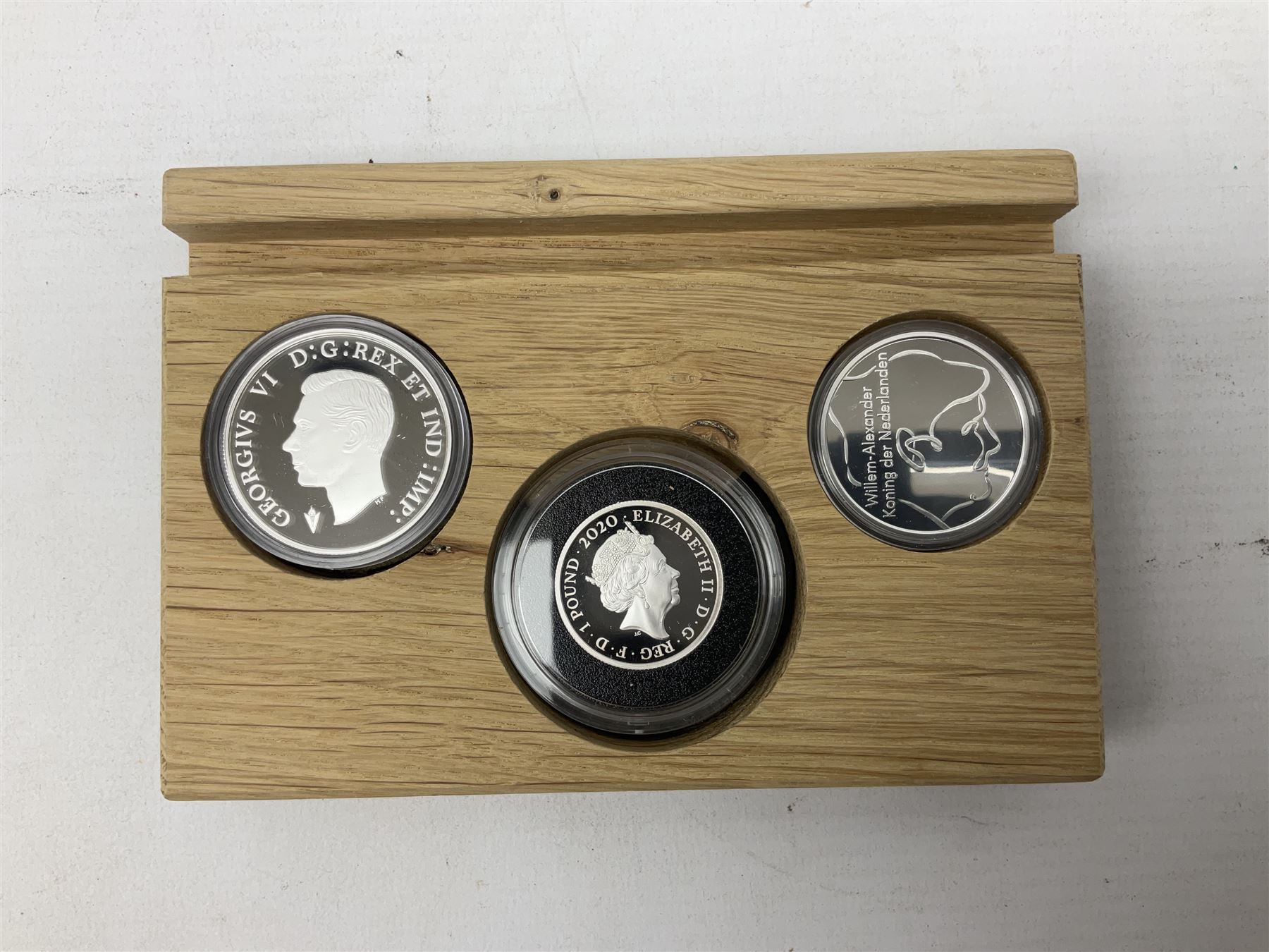 Royal Dutch Mint 'Europe Remembers' silver three coin set, comprised of Royal Canadian Mint 2020 one dollar '75th Anniversary of V-E Day', The Royal Mint 2020 one pound '75th Anniversary of VE Day' and Royal Dutch Mint 2020 five euros '75 Years of Freedom', cased with certificate