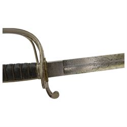 British Artillery Officer's sword by J. Daniels & Co, Artillery Place Woolwich, the 88cm steel blade engraved Durham R.G.A (H.E), wirebound fishskin grip, chequered backstrap and stepped domed pommel, in brown leather scabbard, overall L104cm
