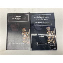 Seven Naval & Military Press medal reference books including Naval GSM 1793-1840, Africa GSM, QSA, New Zealand 1845-47 & 1860-66 with Abyssinian 1867, Hart's Annual Army List 1840 etc; together with Fevyer & Wilson: China War Medal 1900; Fevyer: DSM 1914-1920 & 1939-1946; and Ian McInnes: The Meritorious Service Medal (11)