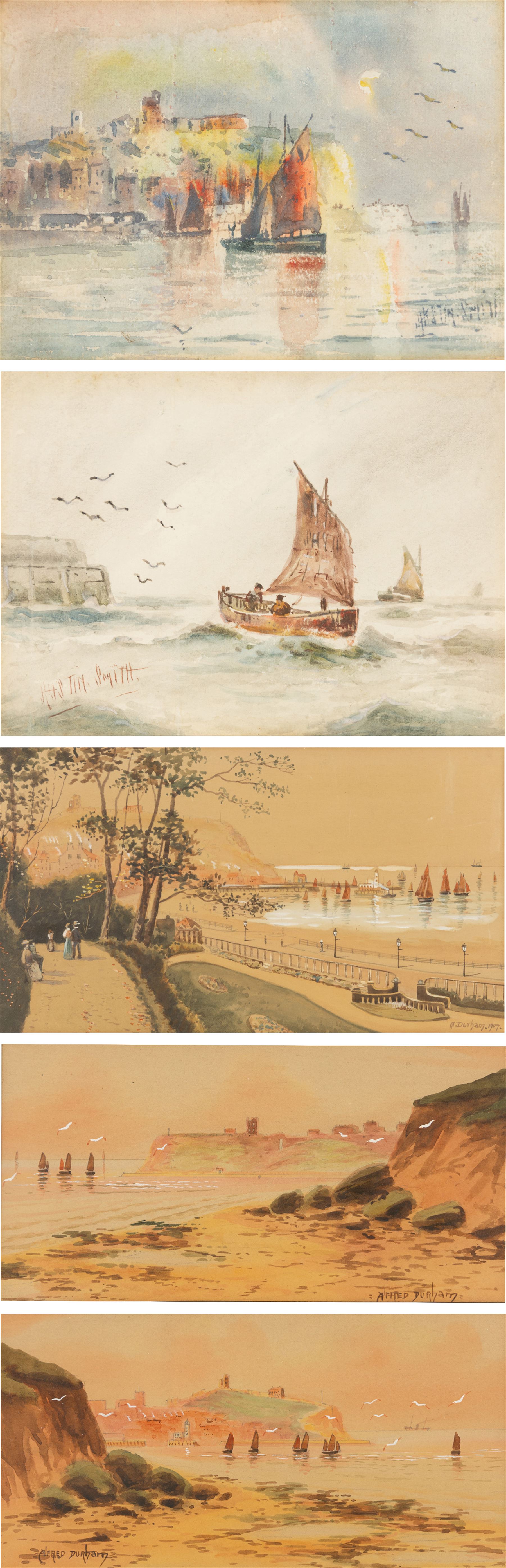 Austin Smith (British fl.1913-1928): Sailboats off Scarborough, pair of watercolours signed; together with Alfred Durham (British 19th century): Coastal Views of Scarborough, set of three watercolours heightened with white signed and one dated 1907 max 18cm x 32cm (5)