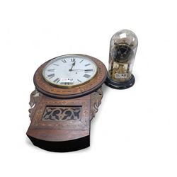 American-Victorian walnut drop dial wall clock with parquetry inlay, c1880, 8-day timepiece movement and a Kundo 1960’s torsion clock with a skeleton movement and four ball oscillating pendulum, with a glass dome. Torsion spring intact.