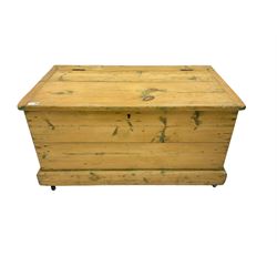 19th century pine chest, fitted with hinged lid and metal carrying handles