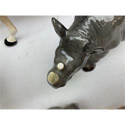 Beswick model of a seated bulldog, model no. 1872, Beswick Laurel & Hardy cruet set on stand, no. 575, Melba Ware animal figures to include large horse, hippo, rhino, USSR tiger cub figure, other ceramics to include Mason's lidded jar etc