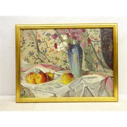  A C Langhorne (British mid 20th century): Still Life of Apples and Vase of Flowers, oil on canvas board signed and dated 1932, 45cm x 61cm  