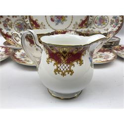 Shelley Sheraton pattern tea service for four, comprising cake plate, open sucrier, milk jug, four teacups, six saucers and six side plates, all with printed marks beneath