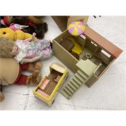 Quantity of stuffed toys and dolls to include Teddy Ruxpin, Cabbage Patch, Troll doll, and a quantity of plastic toys including Sylvanian Families Country School etc, in two boxes