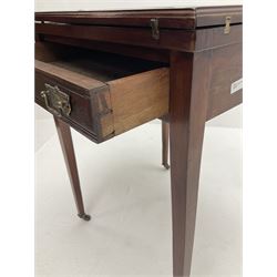 Edwardian envelope card table, inlaid baize top, four counter wells, stile supports and castors 
