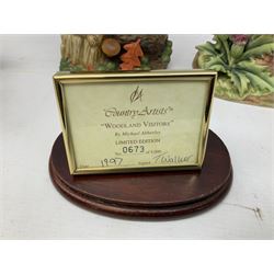 Three Country Artist figure groups, comprising 'Woodland Visitors', 'Bluetit on Tap' and 'Blackbird', together with two other animal figure groups