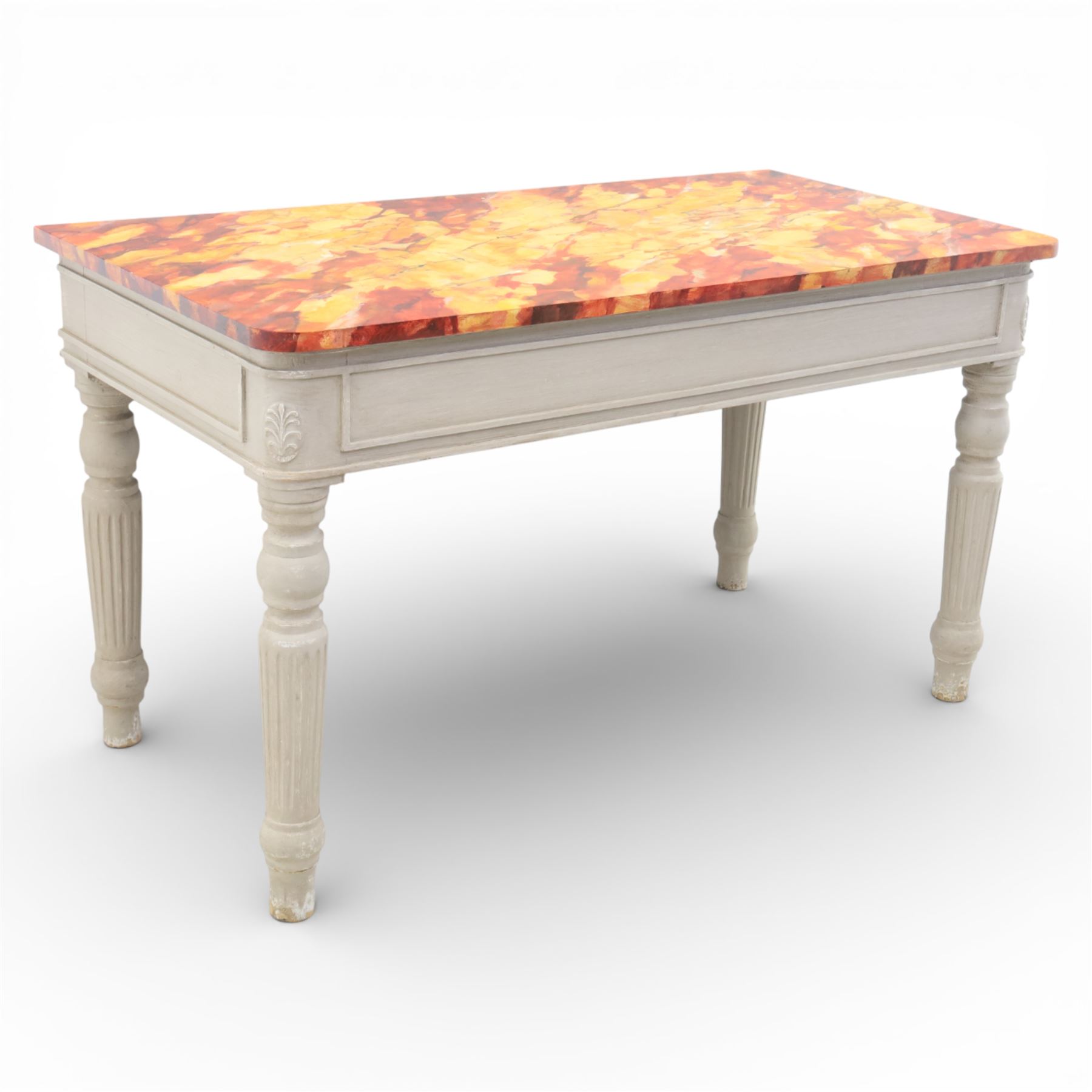 19th century style pine console table, with rectangular simulated marble top over a painted frieze, raised on fluted and turned tapering legs