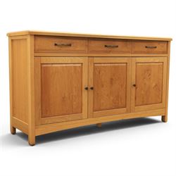 Contemporary light oak sideboard, three cupboards and three soft close drawers