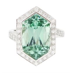 Platinum African Paraiba tourmaline and diamond ring by Scarab London, single fancy double...