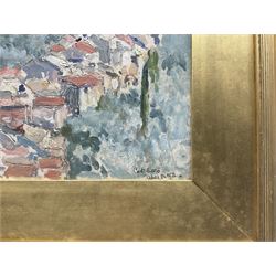 Edgar Wood (British 1860-1935): 'Castellano' Continental Hilltop Town, oil on board signed and dated 1922, 22cm x 28cm