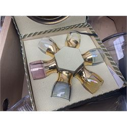 Dartington Crystal glass flower bowl, together with four similar smaller examples, two Orrefors glass bowls, collection of glass decanters, including Dartington and painted example, etc