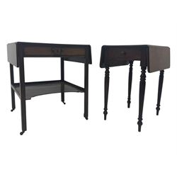 Georgian design mahogany drop-leaf table, rectangular top above a single drawer with brass handle, square supports united by arched undertier, on brass castors (W62cm, D65cm, H72cm); and a smaller mahogany drop-leaf table with single drawer on turned supports (W43cm, D61cm, H72cm)