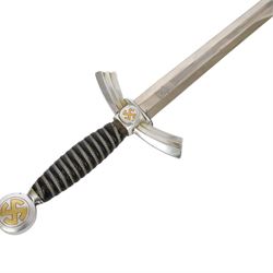 German Third Reich Luftwaffe Officers Dress Dagger by Alcoso Solingen, the 30cm double edged blade marked Alcoso Solingen, with plated down-swept quillons and pommel bearing swastika, wire-bound blue leather grip, the leather covered sheath with mounts and hanging chains, overall L50cm 
