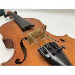 Two three-quarter size violins - German Saxony with 34cm one-piece maple back and ribs and spruce top; L56cm overall; and Hungarian with 34cm two-piece maple back and ribs and spruce top; L56cm overall; each in carrying case with bow (2)