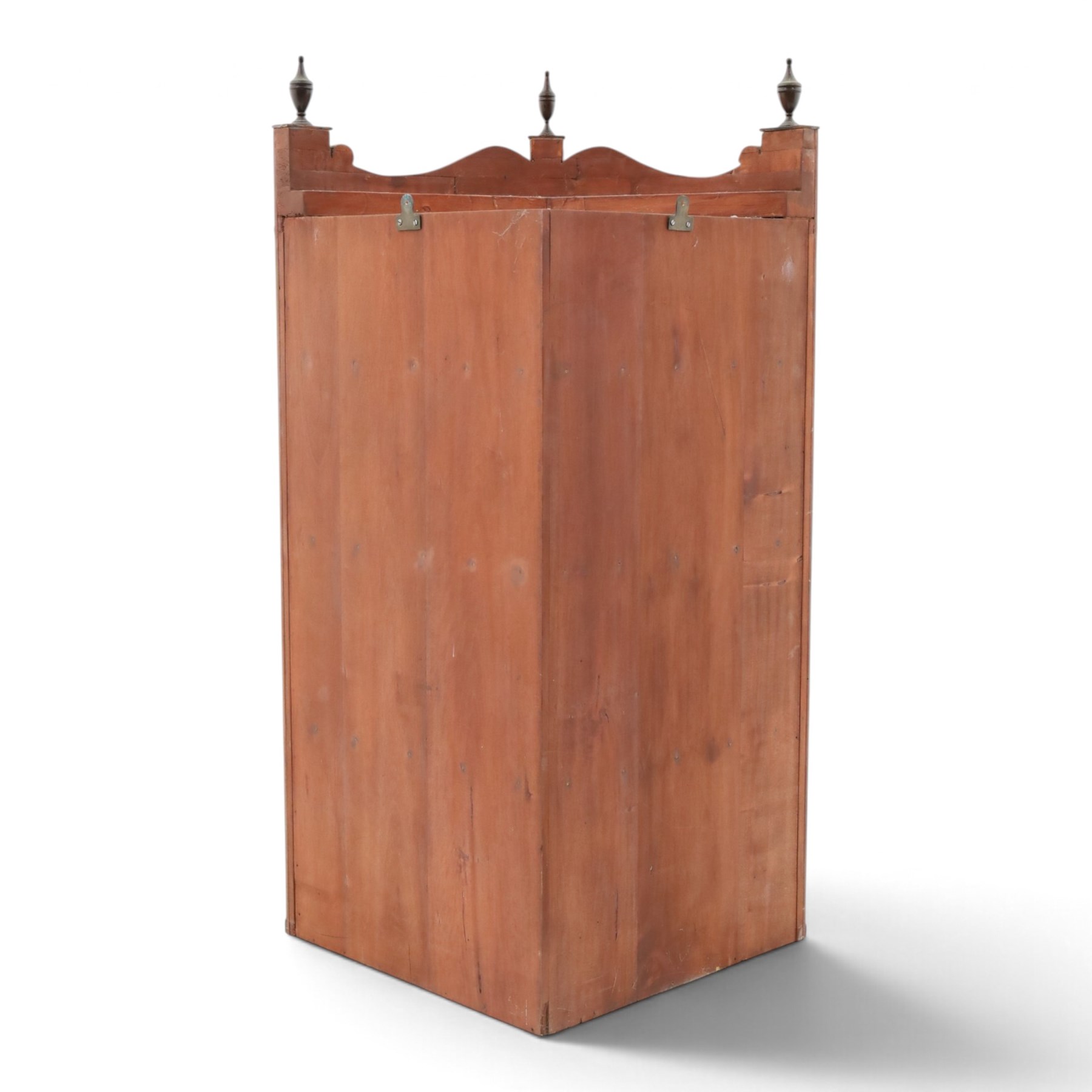 Edwardian inlaid birds-eye maple corner cabinet, urn finials above shell motif inlays, reeded column's hanging hooks