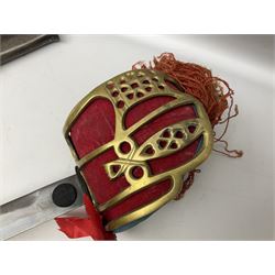 Reproduction Scottish officers basket hilt broad sword, the brass basket pierced with heart-shaped motifs lined with red lining, together with a reproduction Japanese Katana sword, longest L110cm
