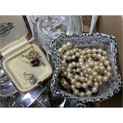 Spode Italian pattern bowl, together with quantity of silver-plated metalware and glassware, brass candlesticks etc in three boxes