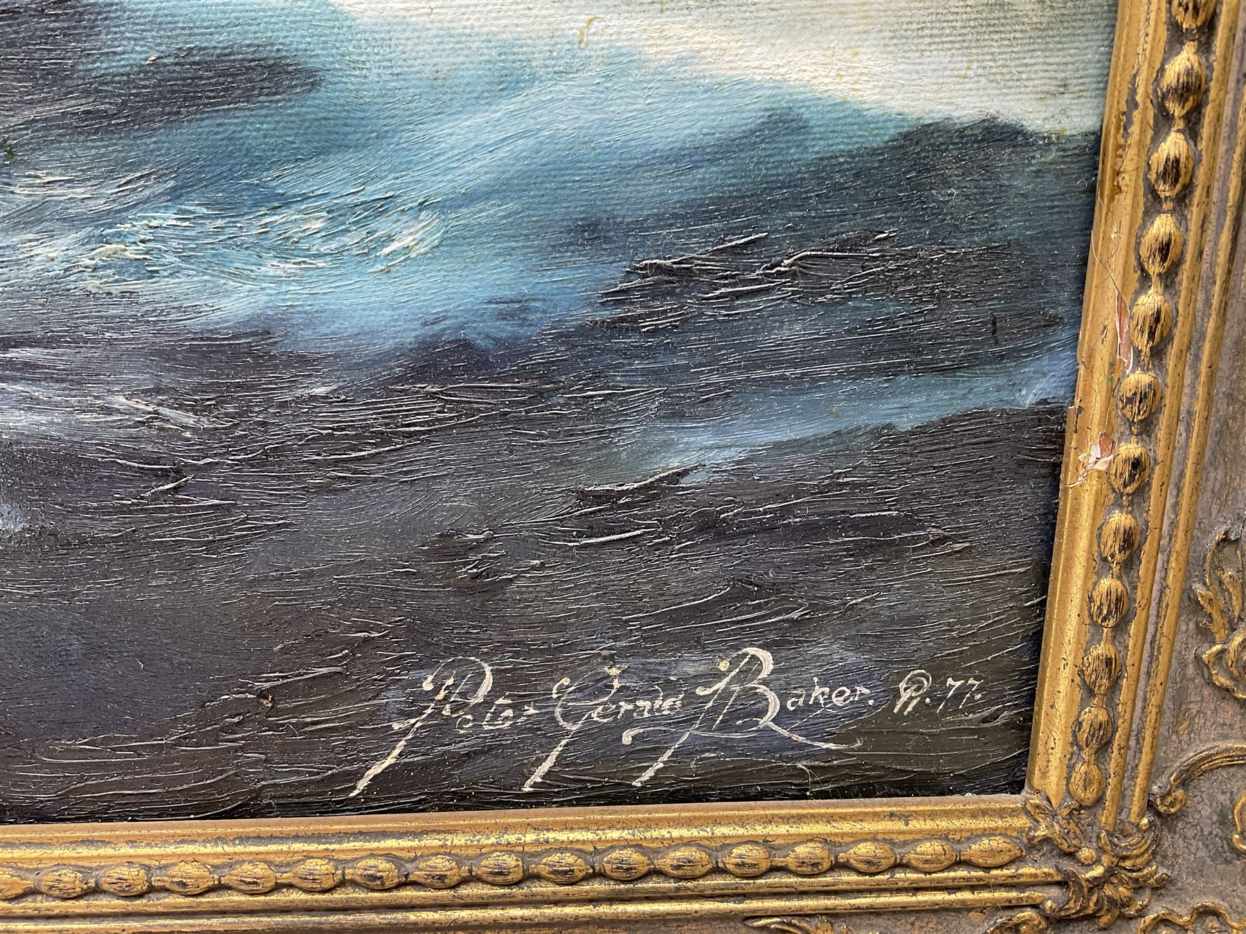 Peter Gerald Baker (British 20th century): 'Dangerous Waters' Ship Nears Iceberg near Cape Horn, oil on canvas signed and dated '77, labelled verso 60cm x 90cm