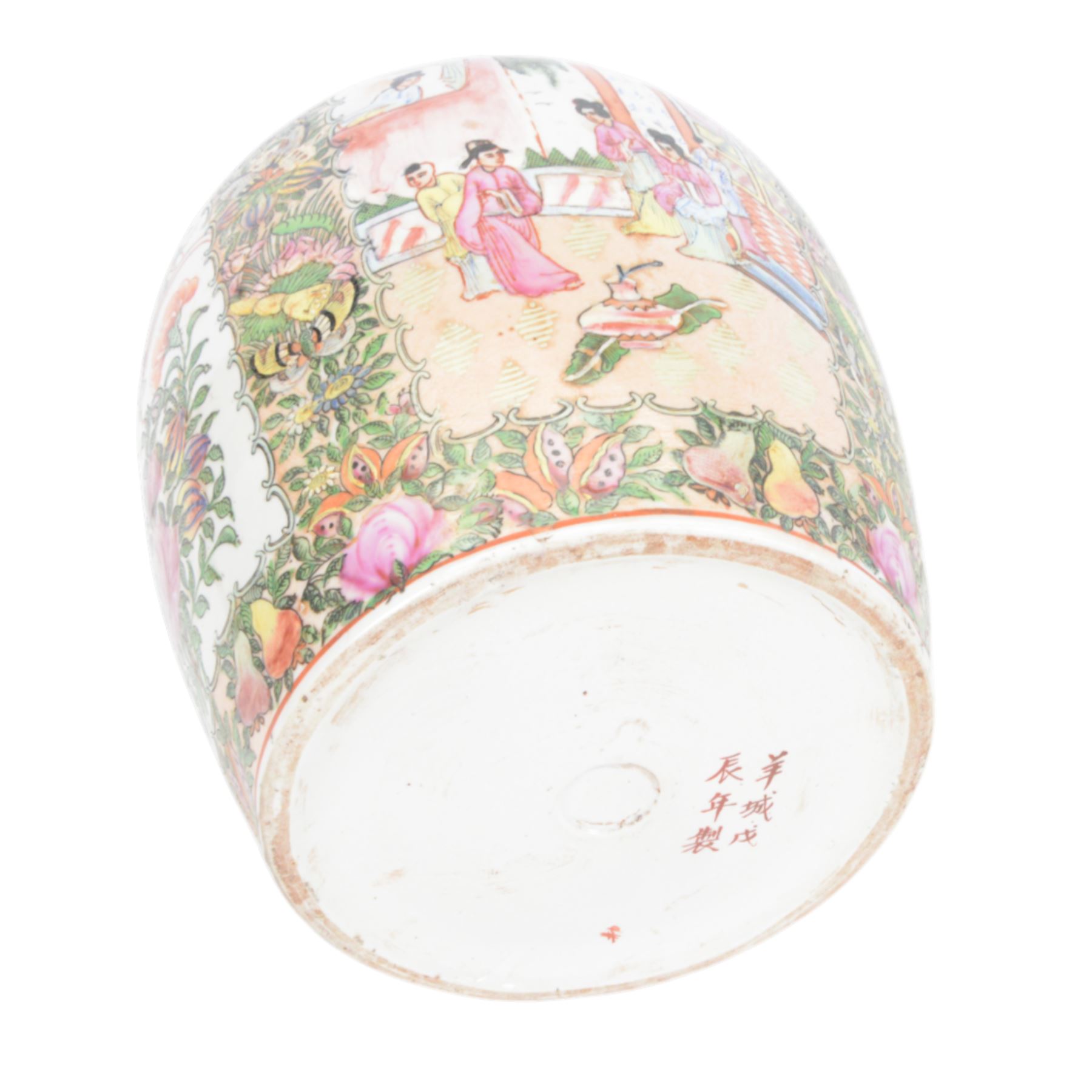 Two Canton famille rose ginger jars and covers, one decorated with birds in blossoming branches, the other with figures in a temple, together with one other jar, H30cm