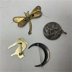 Silver guilloche enamel moon brooch, micro mosaic brooch, Ronson table lighter and a pair of opera glasses in velvet case, etc