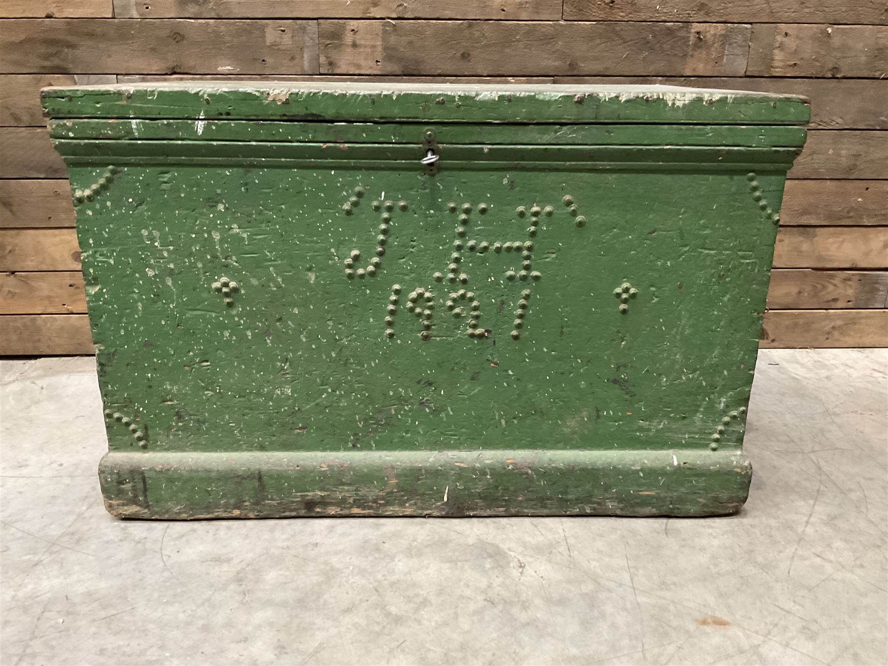 19th century green painted pine carpenters tool chest, mahogany lined fitted interior with adjustable sliding fitted compartments