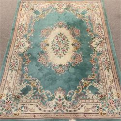 Large Chinese wash woollen turquoise ground rug carpet, 358cm x 255cm