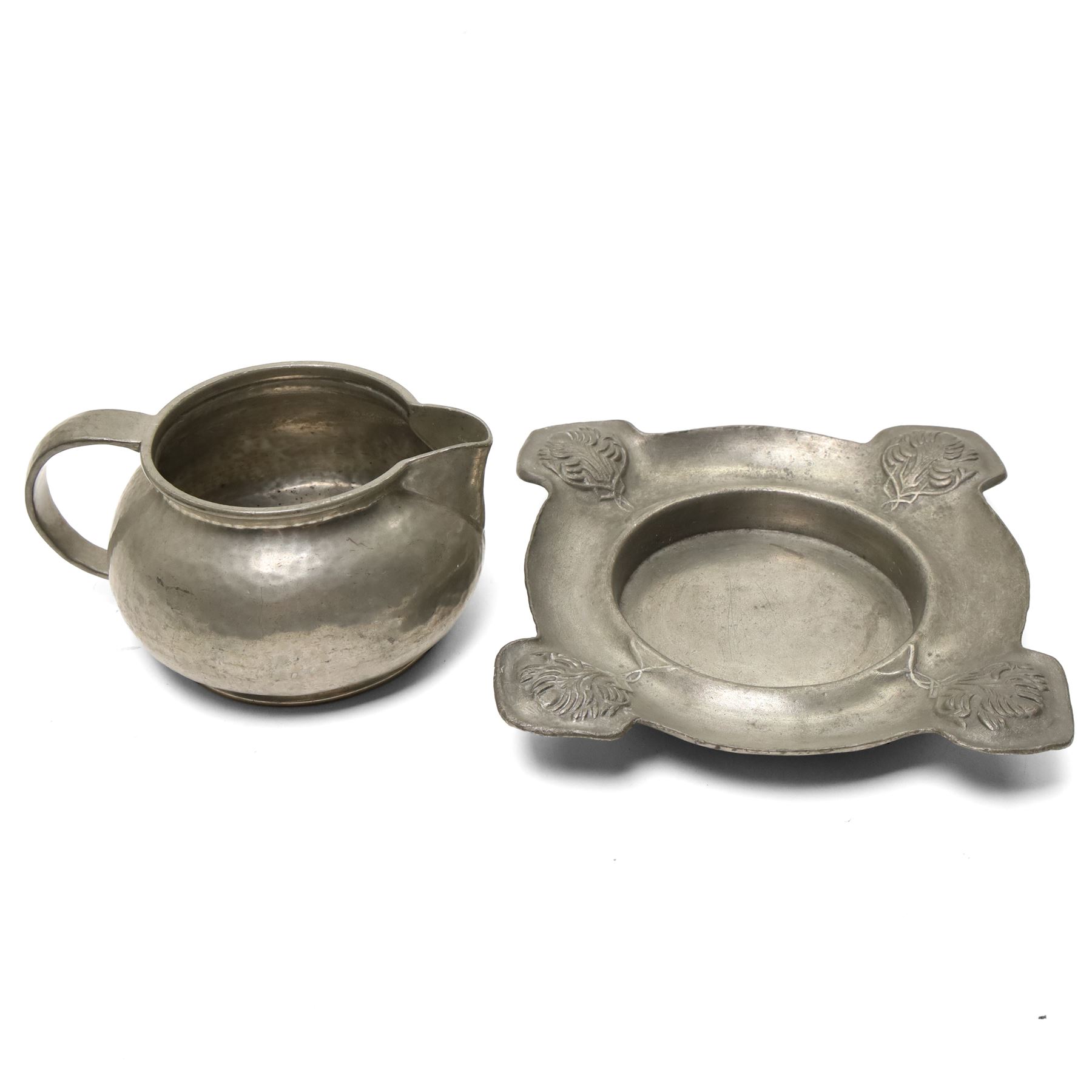 Tudric and other pewter including sugar bowls, milk jugs etc, small WMF Art Nouveau dish No262 and another No218