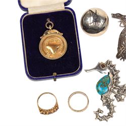 9ct gold stone set ring, hallmarked, 9ct and silver ring, silver charm bracelet, silver brooches and silver-gilt fob, all stamped or hallmarked