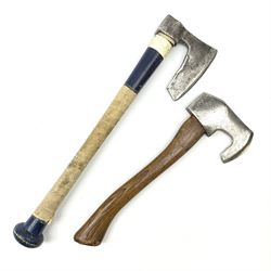 Norwegian sports axe with indistinct makers name and logo and ash handle L34cm; and unmarked hunting axe with painted and tape bound ash handle (2)