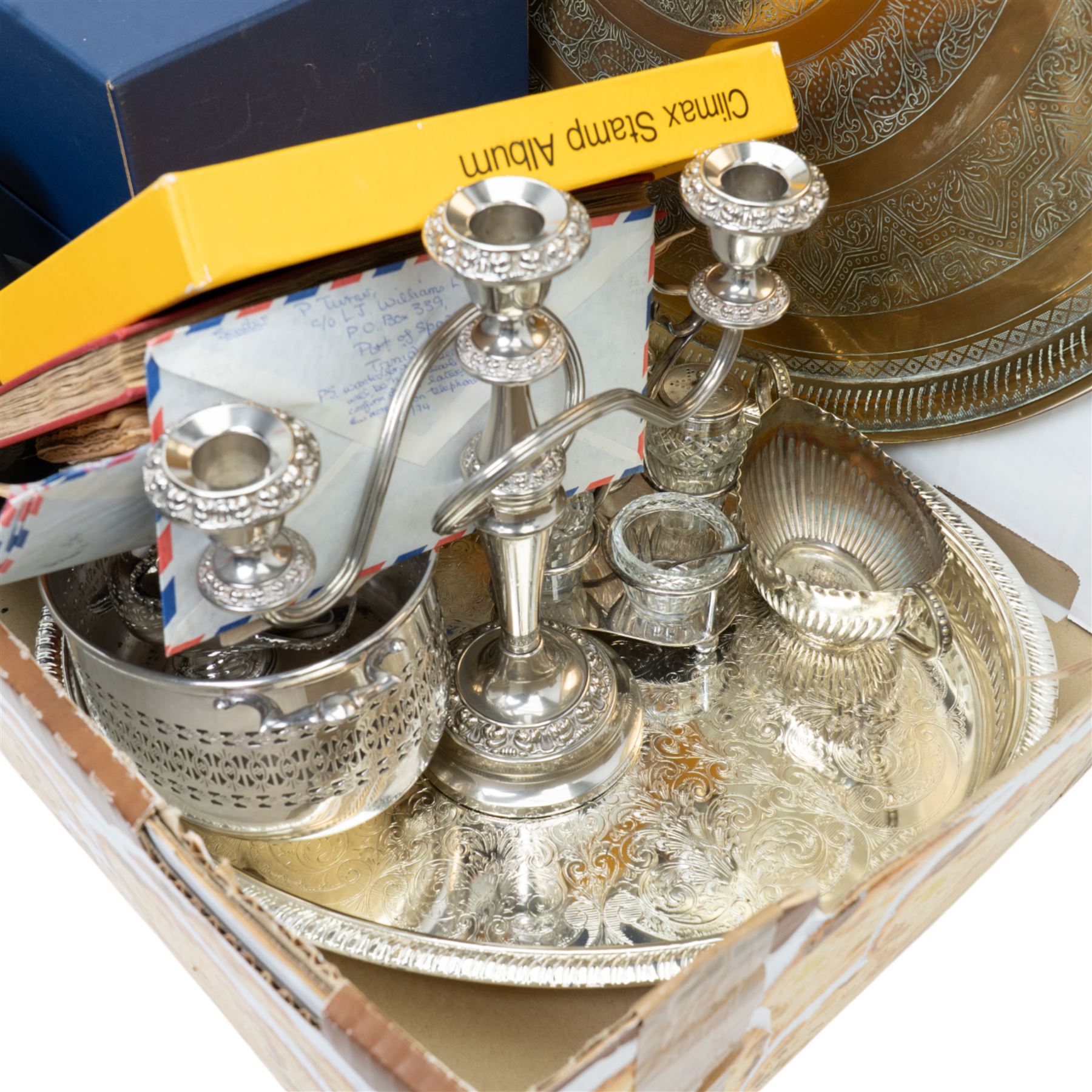 Copper jelly mould, Bohemia crystal decanter, boxed, assorted silver plated items, Benares brass tray, stamp albums and a Victorian pewter coffee pot