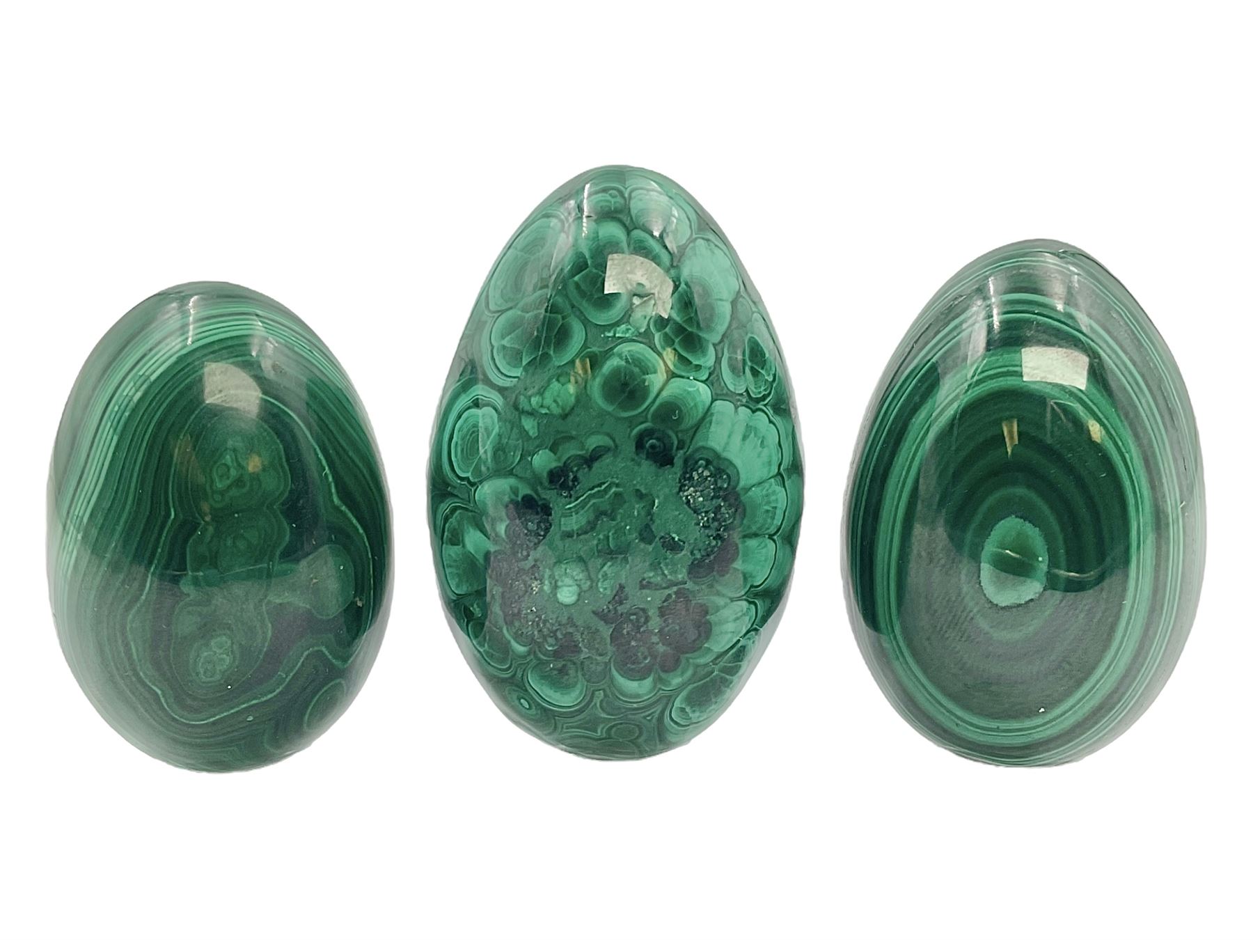 Three malicate specimen eggs, originally part of the collection of the late Stanley J Seeger, largest H7cm