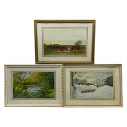 Nathan Stanley Brown (British 1890-1980): 'Changing Pastures - Sunset over the Moors', watercolour after Sylvester Stannard signed, inscribed verso; 'Waterfall in Forge Valley before Alteration' and 'Above Lonsdale Farm East Ayton', pair watercolours signed, titled verso 26cm x 40cm (3)