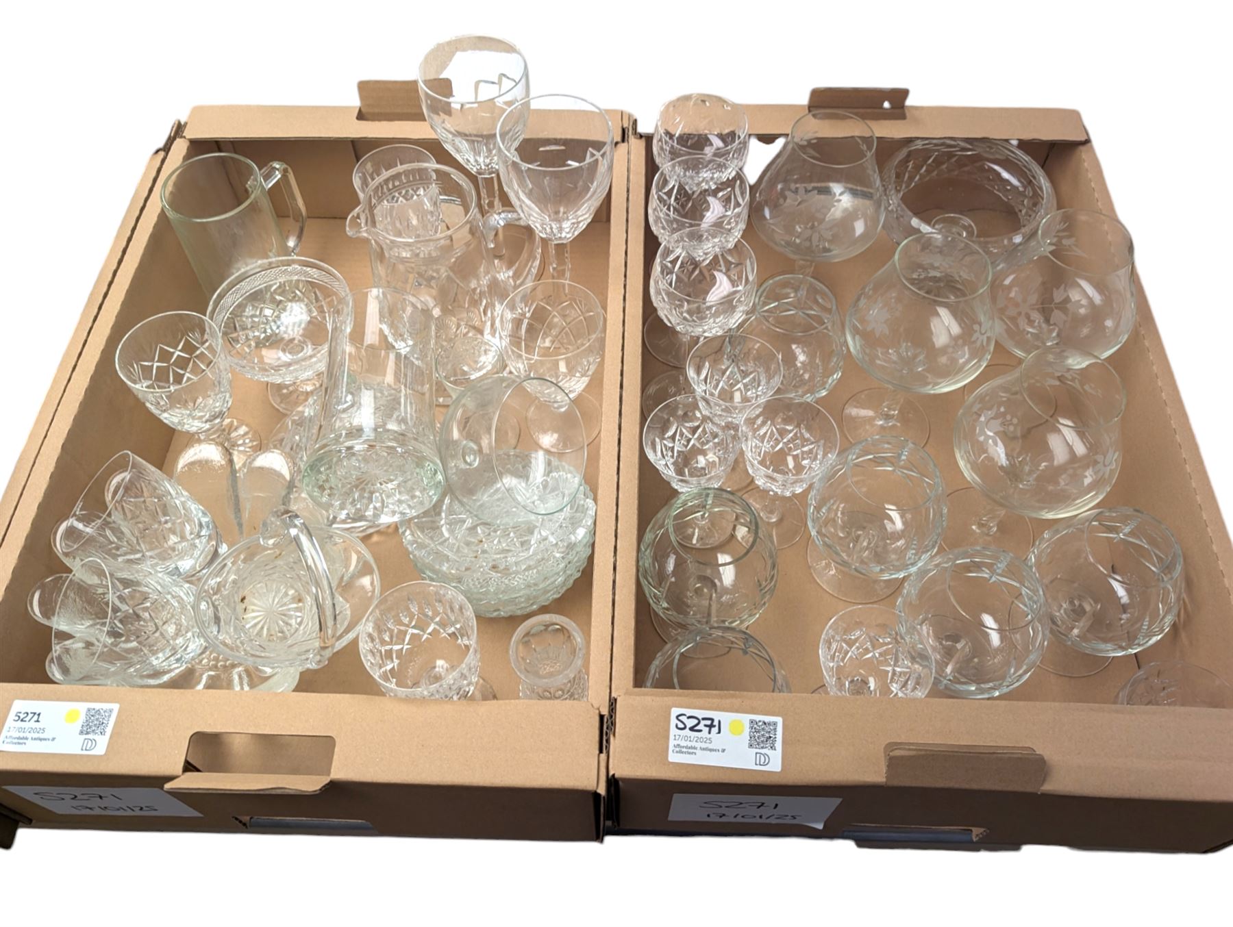 Collection of crystal and glassware, including pair of Stuart Crystal wine glasses, other Stuart Crystal glasses, etched balloon glasses and a collection of other glassware, in two boxes