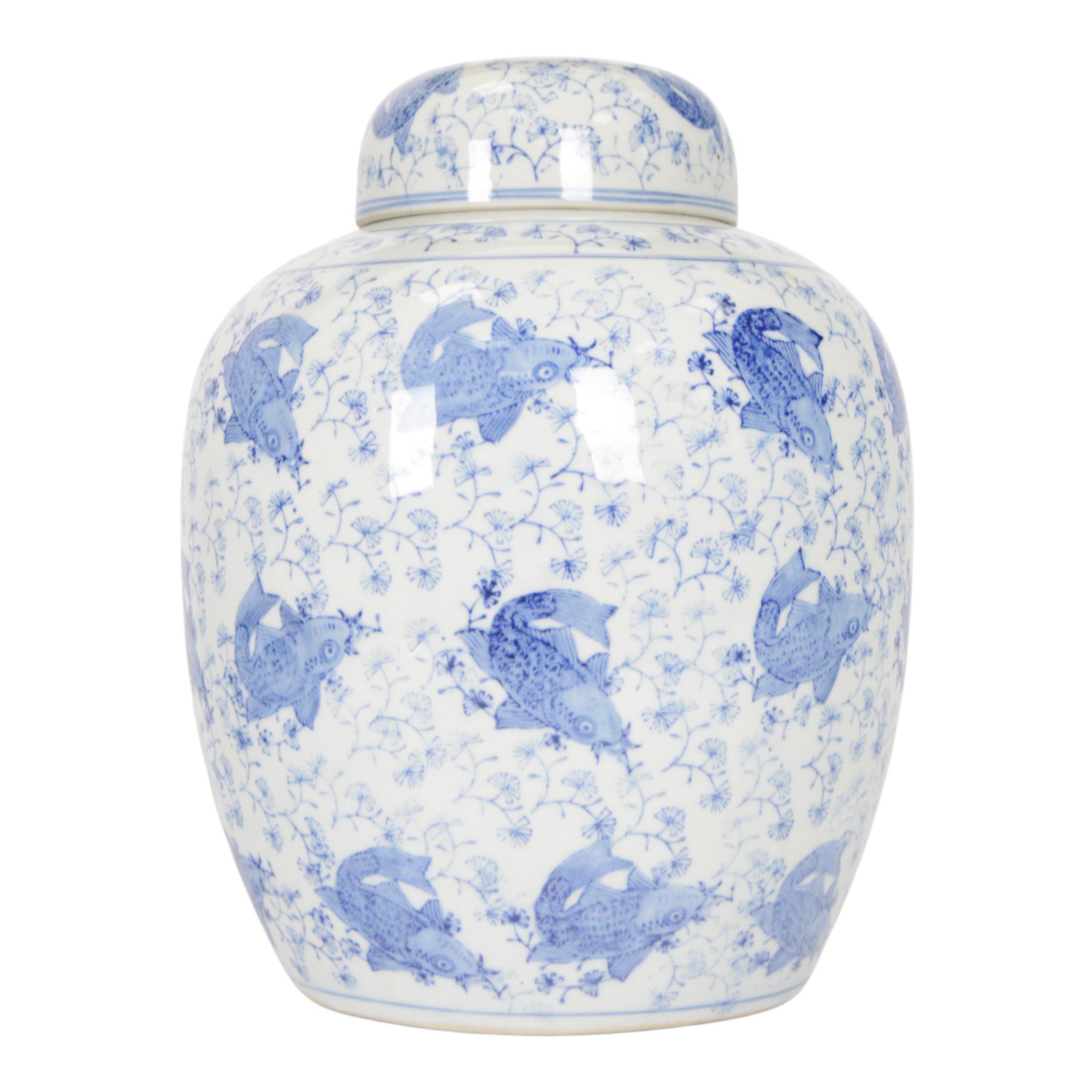 Blue and white ginger jar, decorated in a repetitive pattern of fish swimming amongst dense clusters of aquatic foliage, H40cm