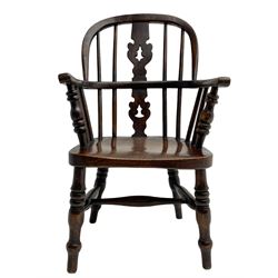 Early 19th century ash and elm child's Windsor armchair, double hoop and stick back with fretwork and pierced splat, turned supports joined by H swell turned stretchers