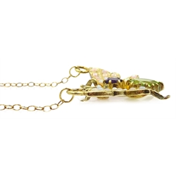  Silver-gilt peridot, amethyst and opal butterfly pendant necklace, stamped 925  