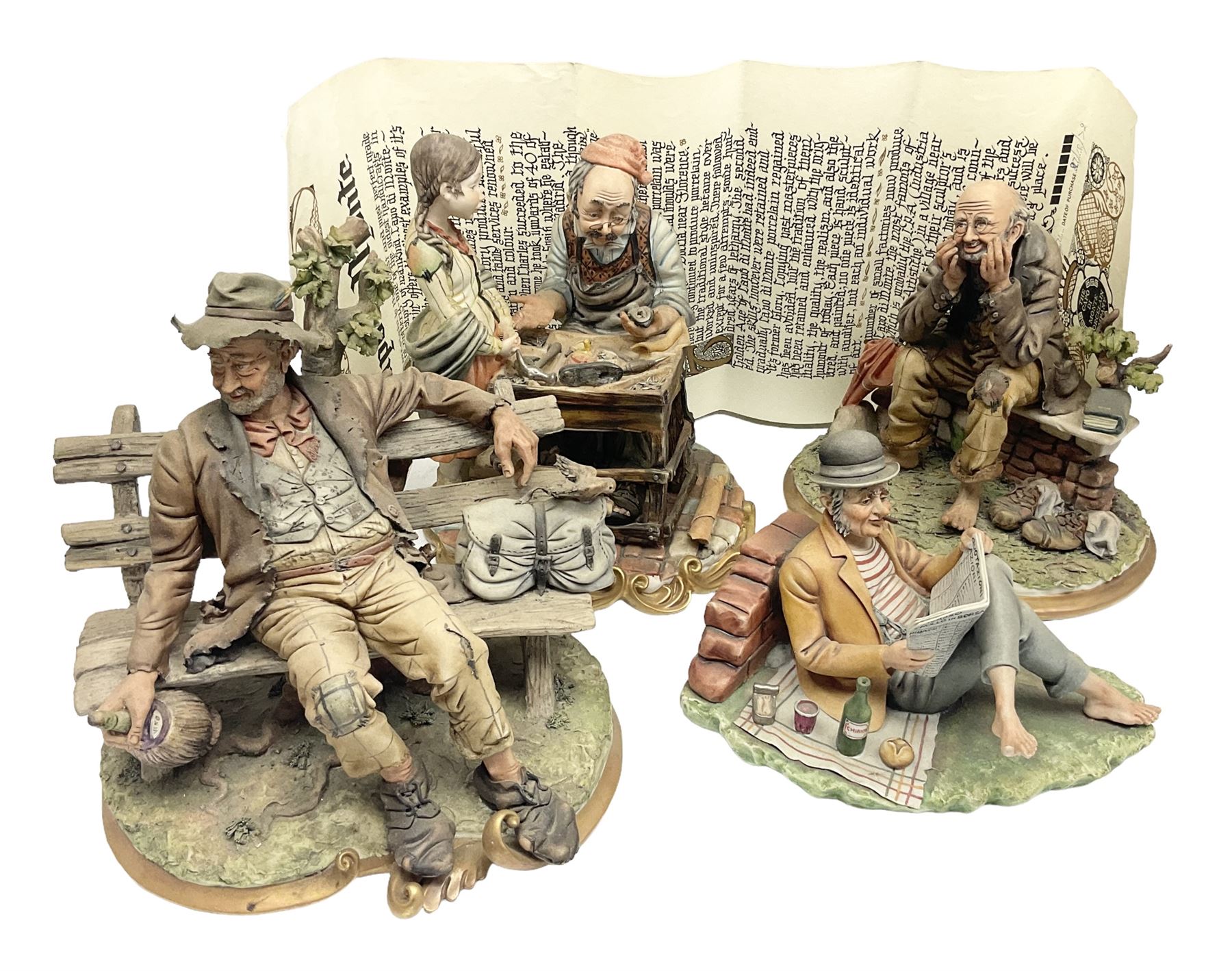 Four Capodimonte figure groups, to include tramp figures, shoemaker figure etc