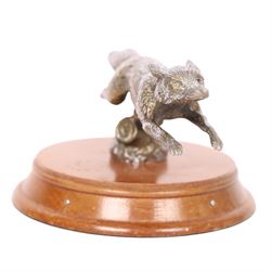 Louis Lejeune running fox car mascot mounted on a wooden plinth, H8cm