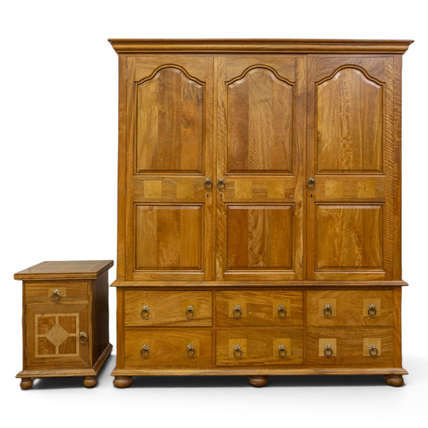 Barker & Stonehouse - contemporary flagstone and mango wood triple wardrobe and bedside cabinet, triple wardrobe with double doors revealing a full length wooden hanging rail, flanked by a cupboard with shelved interior, raised on a base with cupboard and drawers, turned bun feet