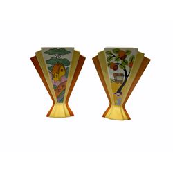 Two Wedgwood Clarice Cliff sunray vases, in Caravan design and Orange Roof Cottage design, both limited edition, H21.5cm. 