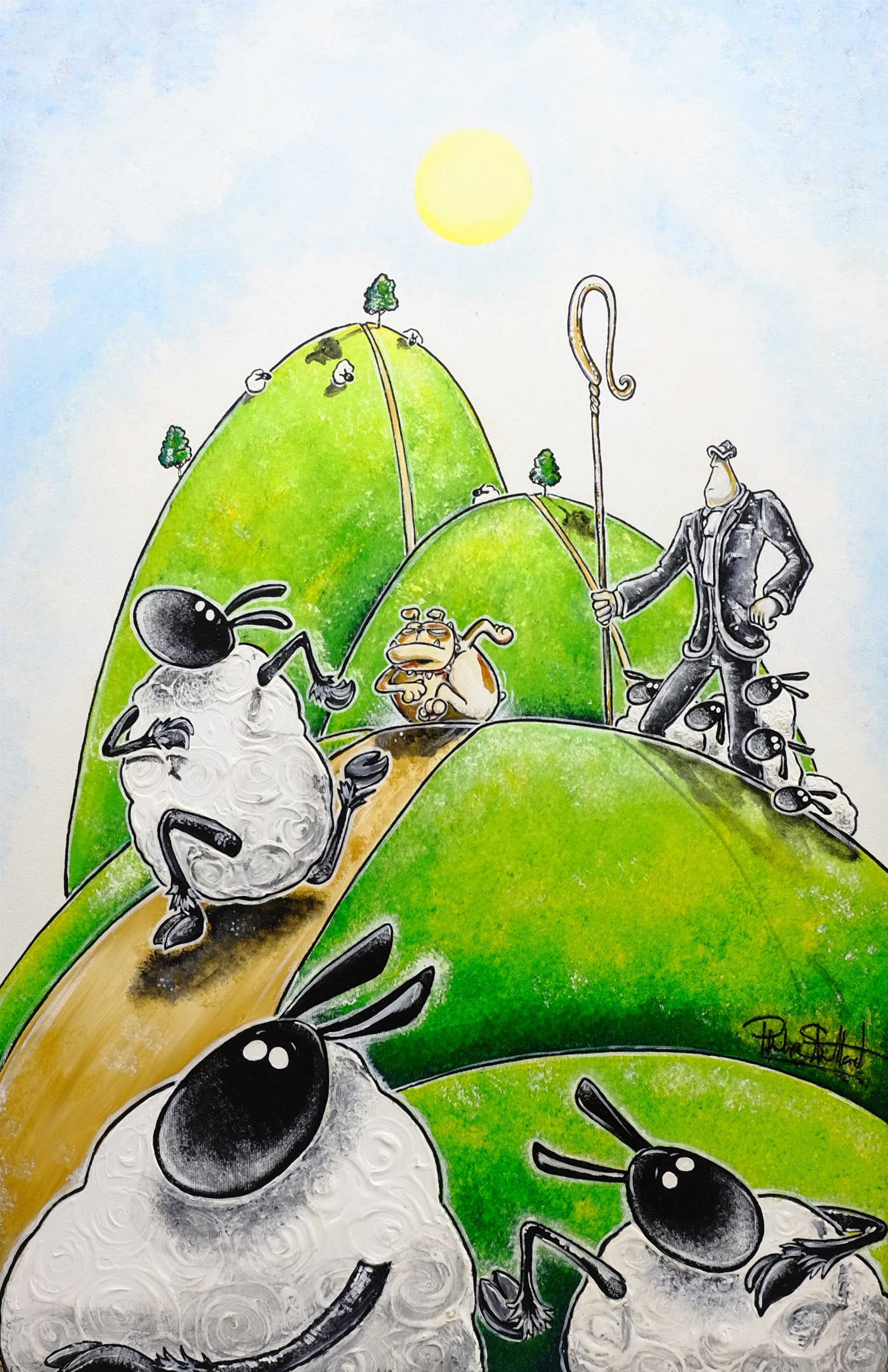 Philip Stuttard (British Contemporary): 'Bull Dog! Not Sheep Dog', oil on canvas signed, titled verso 89cm x 58cm
Provenance: special commission from the Washington Green Gallery