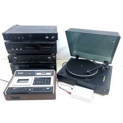  Technics and other audio equipment comprising Stereo Cassette Deck RS-B755& RS-BX501, Stereo Control Amplifier SU-C1010, Rotel Stereo Control Amplifier RC-971 and a Acoustic Research Turntable model EB101 with a Phono Stage V-LPS II by Music Fidelity   