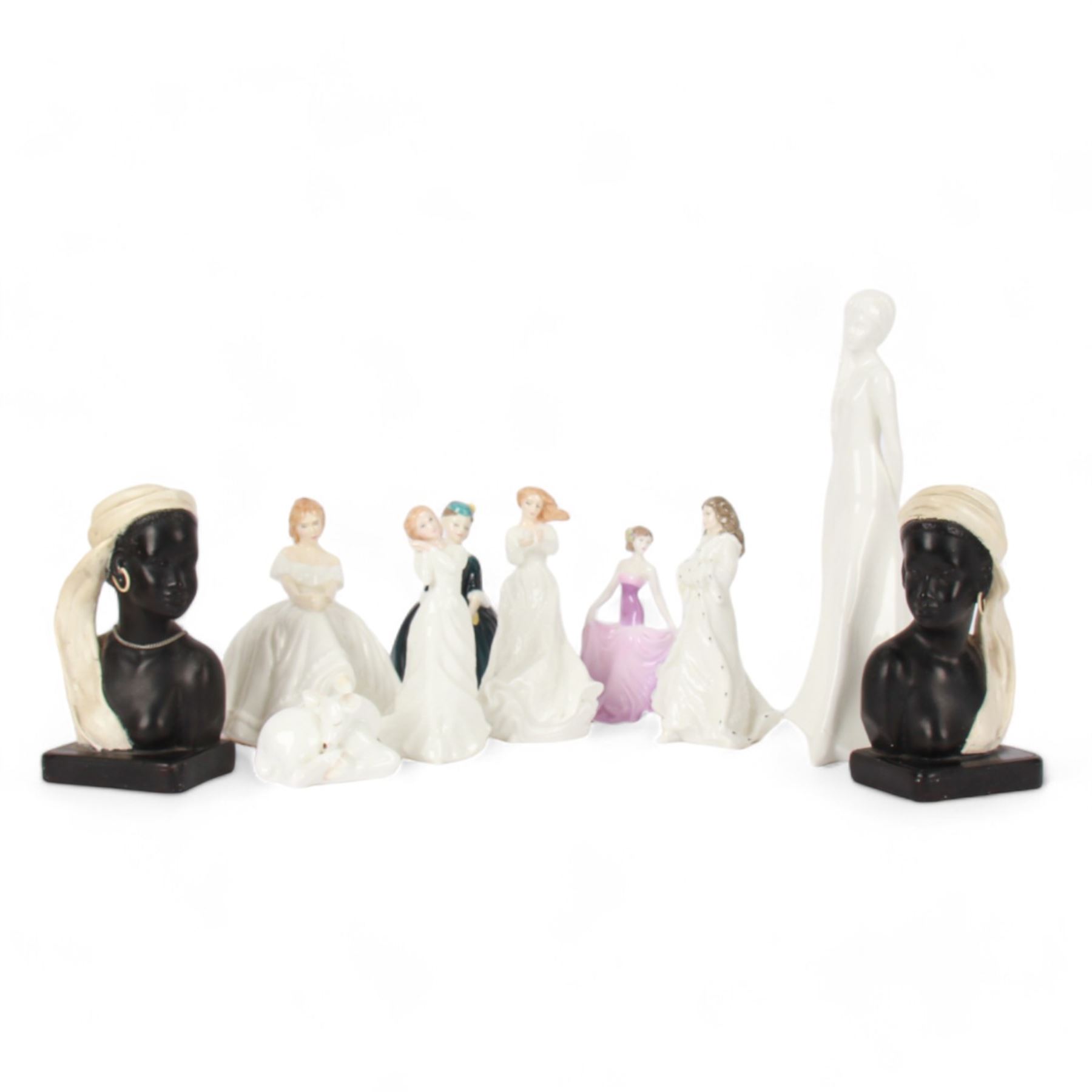 Six Royal Doulton figures, including Thank you HN3390, Heather HN2956, Christmas Day HN3488 etc together with Coalport and Duron figures